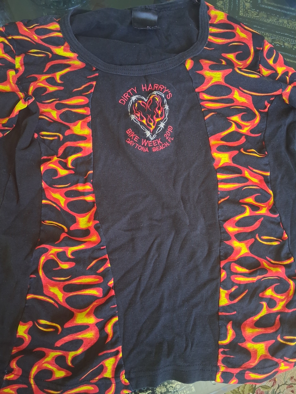 Black Long Sleeve Tee with Red-Orange Flame Panels